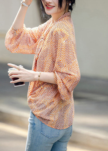 DIY Yellow V Neck Print Chiffon Top Fall WW015 OL-LTP240812