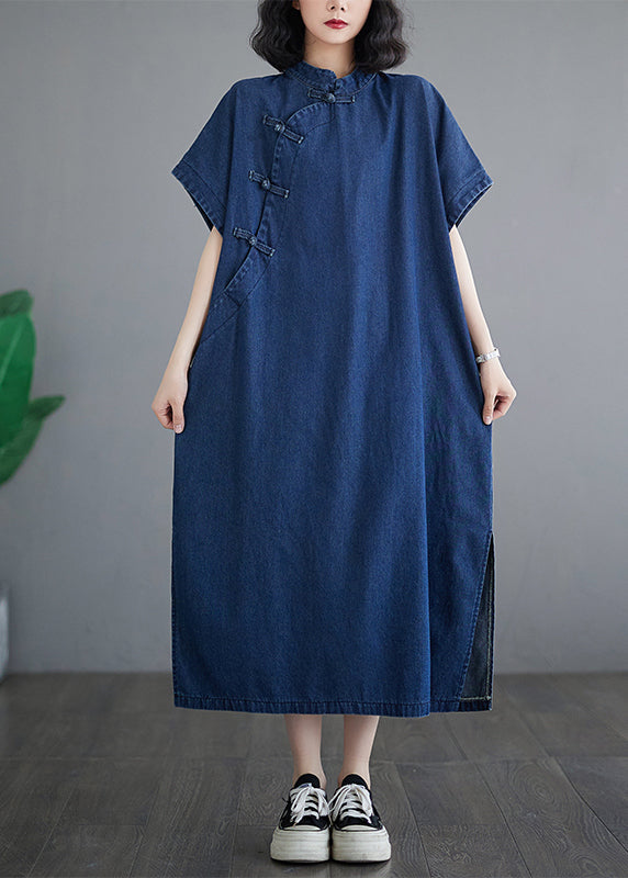 Button Dress Patchwork Denim Blue Long Summer Side Dark Open FashionChic