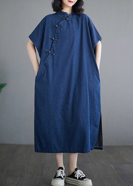 Button Dress Patchwork Denim Blue Long Summer Side Dark Open FashionChic