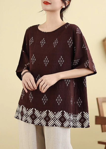 Dark Short Shirt T Sleeve Print Brown Casual FashionChic
