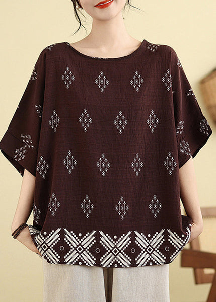 Dark Short Shirt T Sleeve Print Brown Casual FashionChic