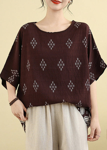 Dark Short Shirt T Sleeve Print Brown Casual FashionChic