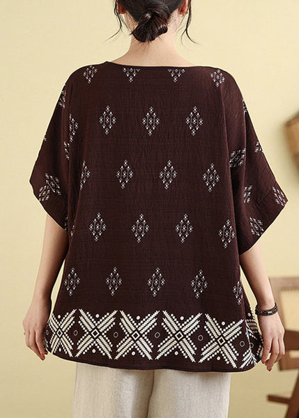 Dark Short Shirt T Sleeve Print Brown Casual FashionChic