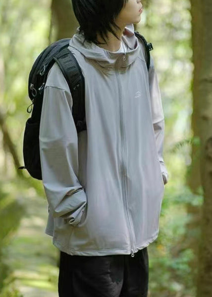 Hooded Zippered Solid Silk Ice 50+ Dark Coat Men UPF Gray FashionChic