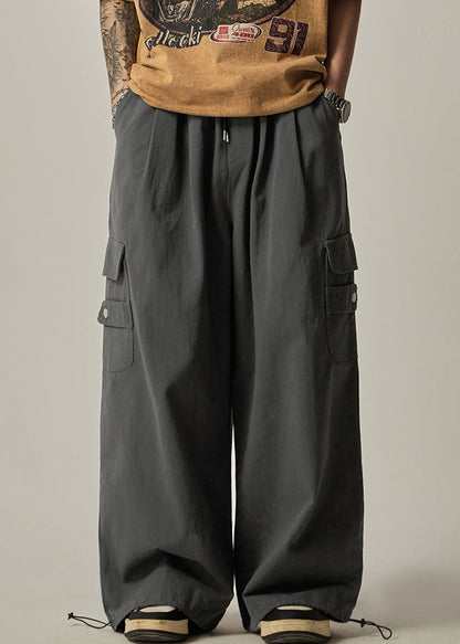 Spring Beam Elastic Waist Pants Mens Grey Cotton Pockets Dark FashionChic