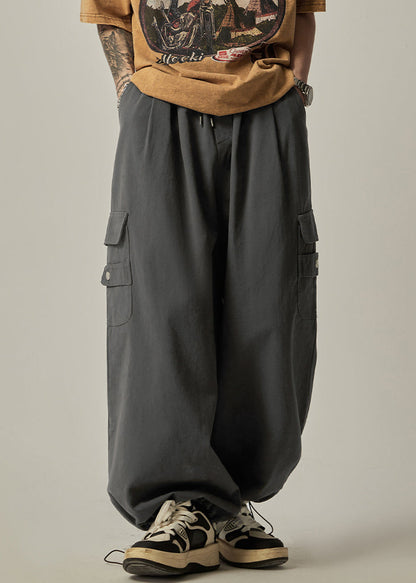 Spring Beam Elastic Waist Pants Mens Grey Cotton Pockets Dark FashionChic