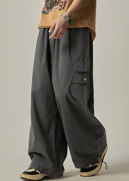 Spring Beam Elastic Waist Pants Mens Grey Cotton Pockets Dark FashionChic