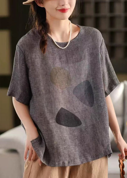 Shirt Grey Print T Linen Dark O Neck Pullover Summer FashionChic