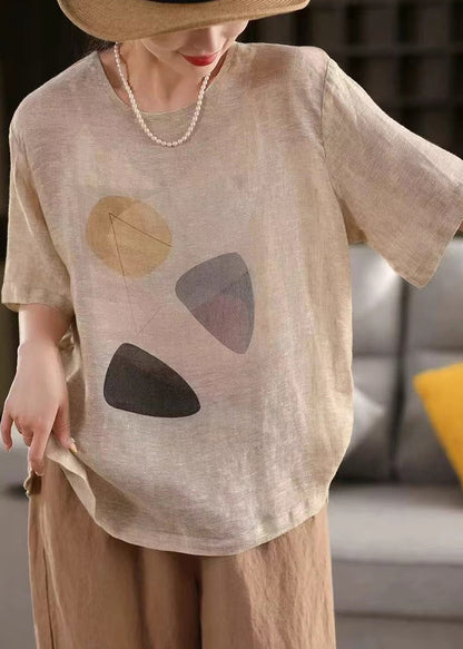 Shirt Grey Print T Linen Dark O Neck Pullover Summer FashionChic
