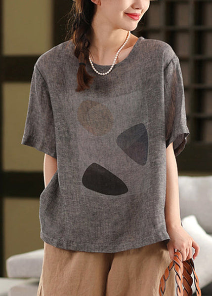 Shirt Grey Print T Linen Dark O Neck Pullover Summer FashionChic