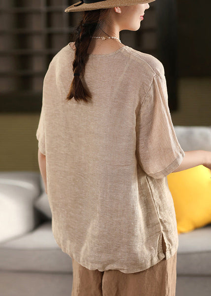 Shirt Grey Print T Linen Dark O Neck Pullover Summer FashionChic