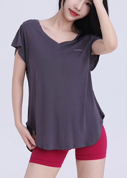 Neck Dark Wrap Solid V Top Yoga Grey FashionChic