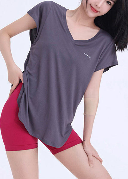 Neck Dark Wrap Solid V Top Yoga Grey FashionChic