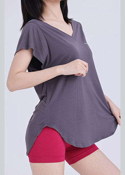 Neck Dark Wrap Solid V Top Yoga Grey FashionChic