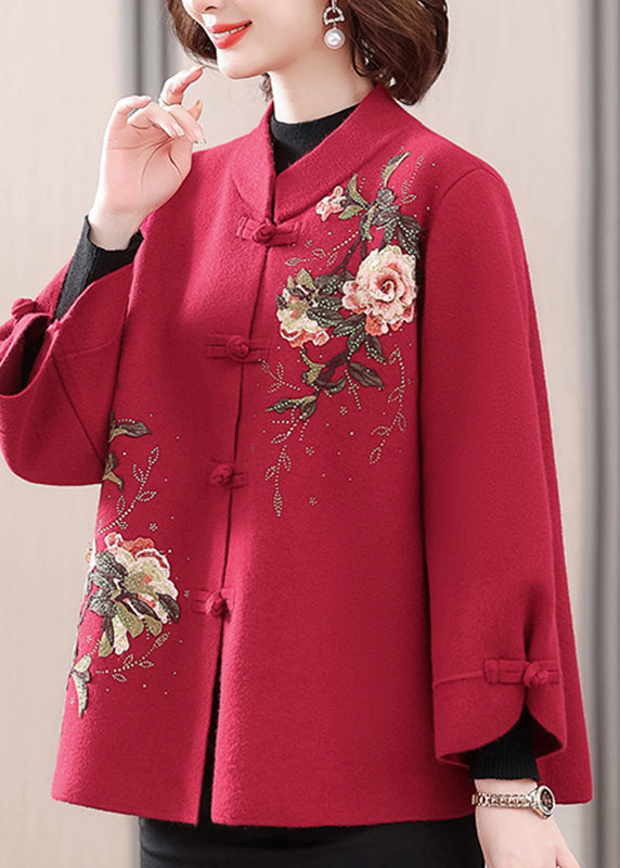 Dark Red Patchwork Button Woolen Coat Spring TA027