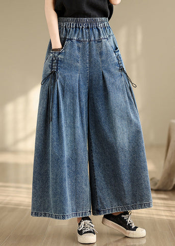 Blue Summer Cross Pants Denim Wide Leg Wrinkled Strap FashionChic