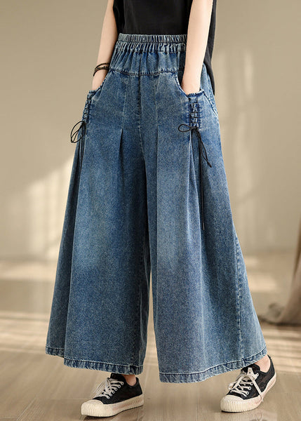 Blue Summer Cross Pants Denim Wide Leg Wrinkled Strap FashionChic