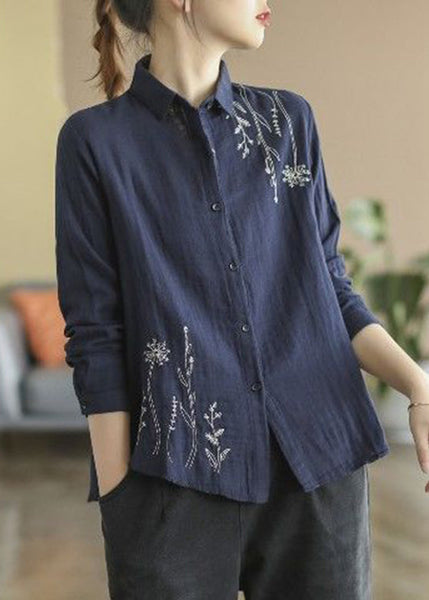 Fall Blue Button Cotton Shirts Denim Embroidered FashionChic