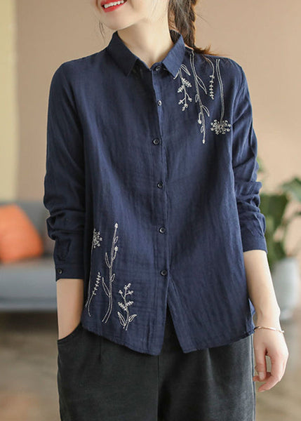 Fall Blue Button Cotton Shirts Denim Embroidered FashionChic