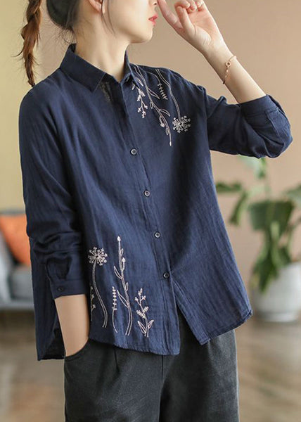 Fall Blue Button Cotton Shirts Denim Embroidered FashionChic