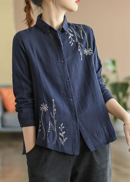 Fall Blue Button Cotton Shirts Denim Embroidered FashionChic