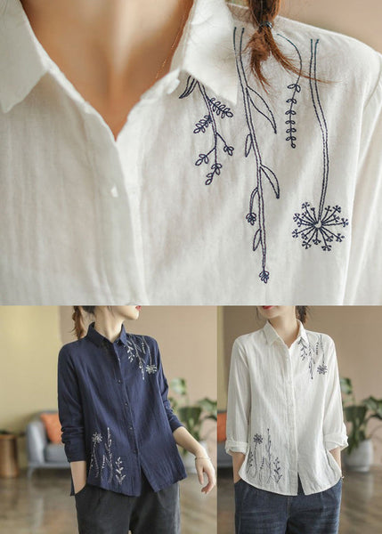 Fall Blue Button Cotton Shirts Denim Embroidered FashionChic