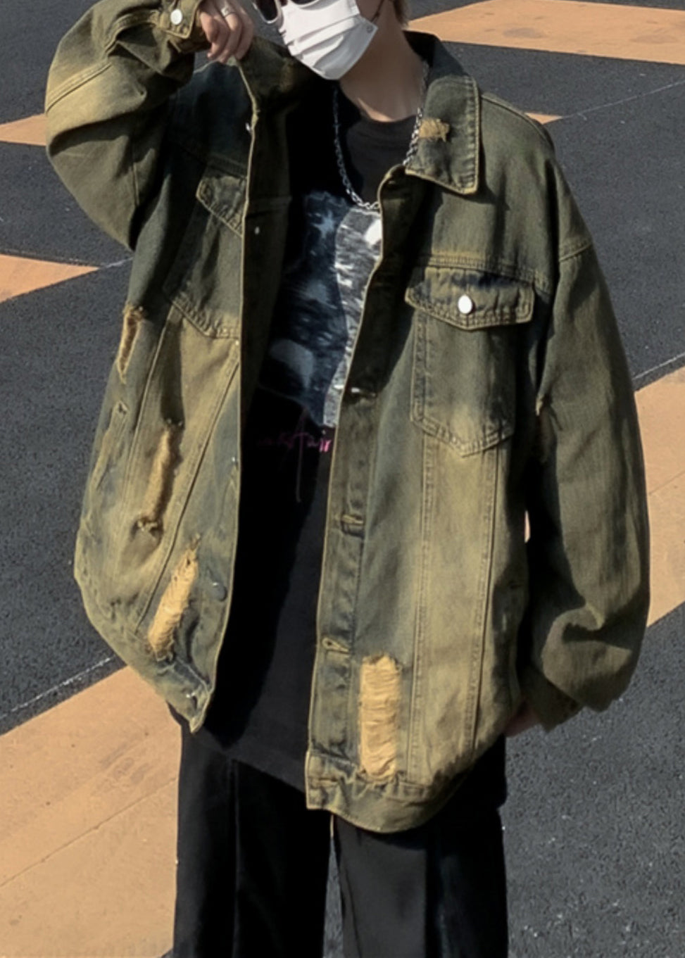 Collar Denim Pan Patchwork Hole Blue Men Peter Coat FashionChic