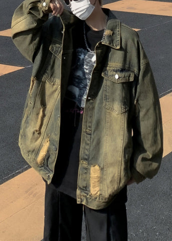 Collar Denim Pan Patchwork Hole Blue Men Peter Coat FashionChic