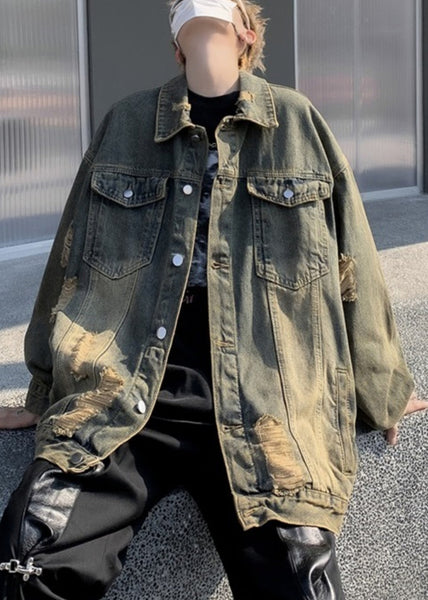 Collar Denim Pan Patchwork Hole Blue Men Peter Coat FashionChic