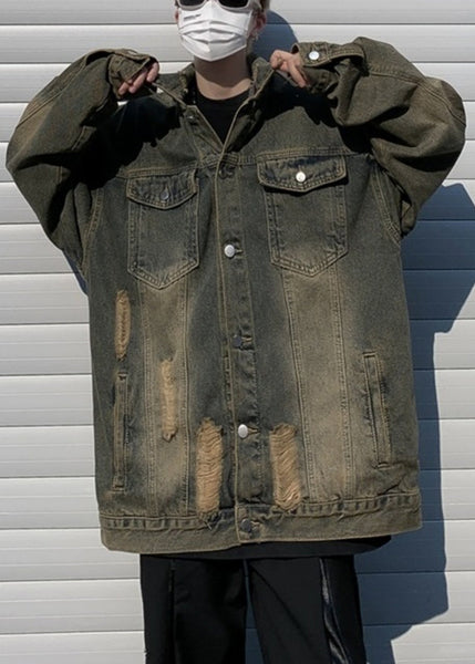 Collar Denim Pan Patchwork Hole Blue Men Peter Coat FashionChic