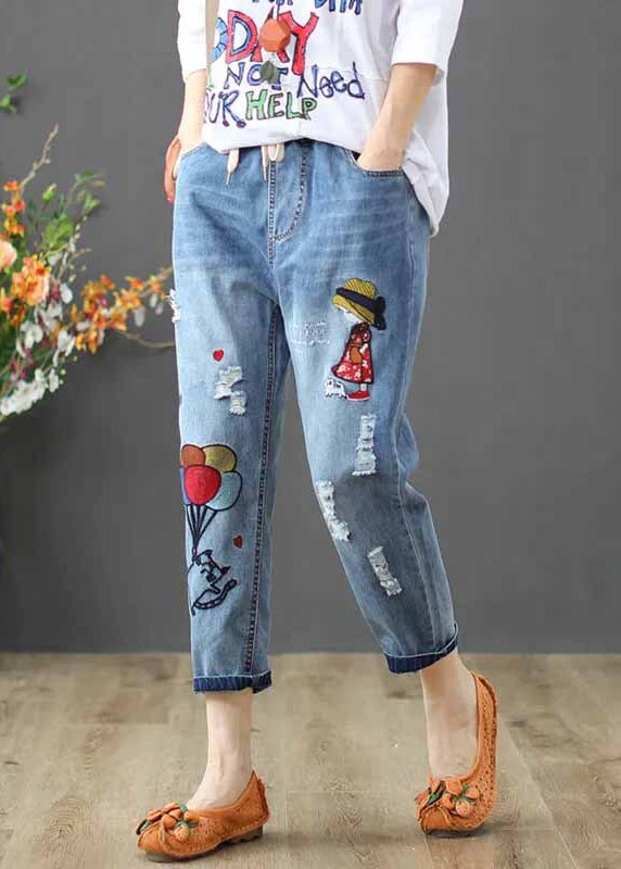 Elastic Pants Embroidered Summer Waist Denim Blue FashionChic