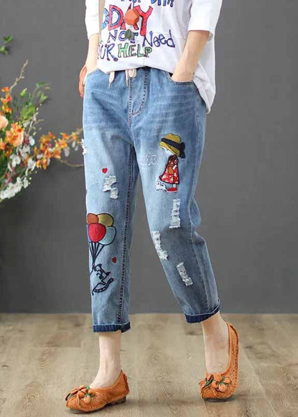 Elastic Pants Embroidered Summer Waist Denim Blue FashionChic