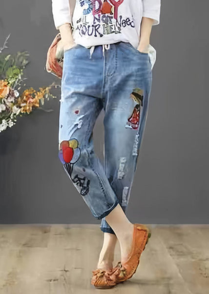 Elastic Pants Embroidered Summer Waist Denim Blue FashionChic
