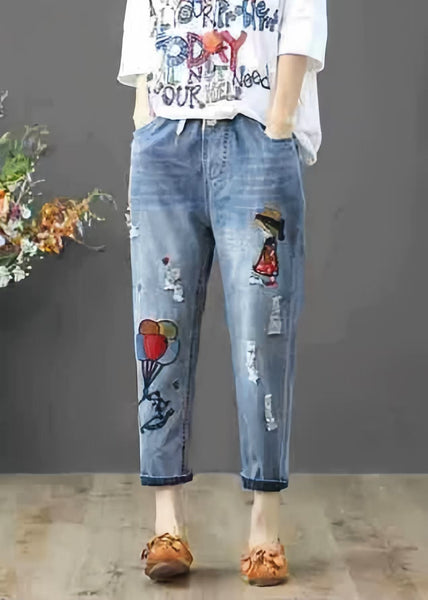 Elastic Pants Embroidered Summer Waist Denim Blue FashionChic