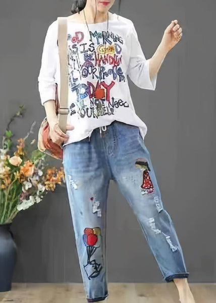 Elastic Pants Embroidered Summer Waist Denim Blue FashionChic