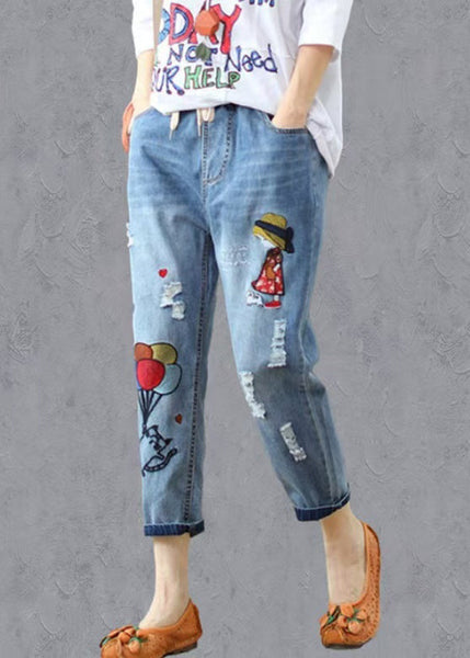 Elastic Pants Embroidered Summer Waist Denim Blue FashionChic