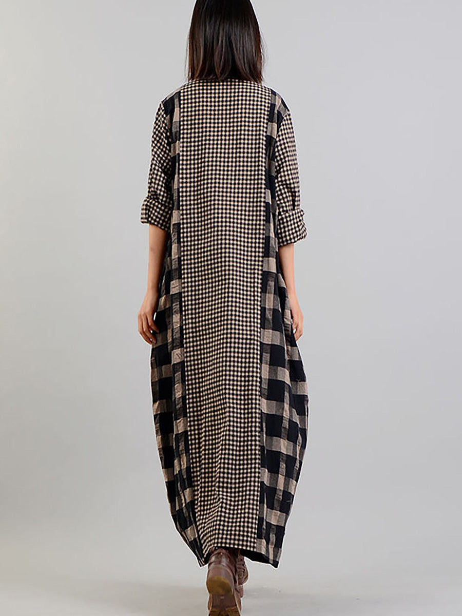 Plus Size Different Colored Plaid Retro Cotton Linen Dress AA1054 Ada Fashion