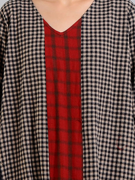 Plus Size Different Colored Plaid Retro Cotton Linen Dress AA1054 Ada Fashion