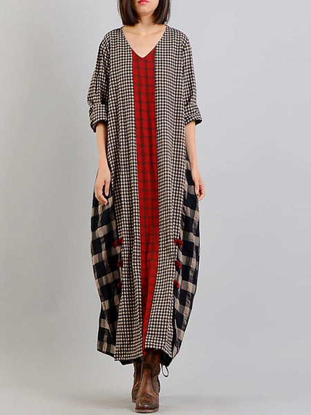 Plus Size Different Colored Plaid Retro Cotton Linen Dress AA1054 Ada Fashion