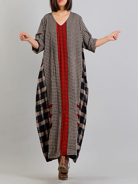 Plus Size Different Colored Plaid Retro Cotton Linen Dress AA1054 Ada Fashion
