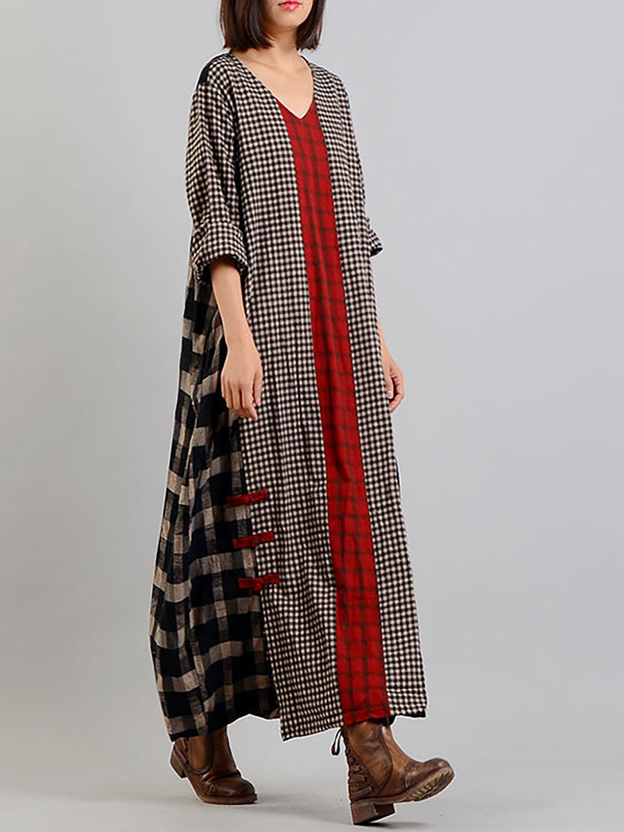 Plus Size Different Colored Plaid Retro Cotton Linen Dress AA1054 Ada Fashion