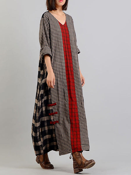 Plus Size Different Colored Plaid Retro Cotton Linen Dress AA1054 Ada Fashion