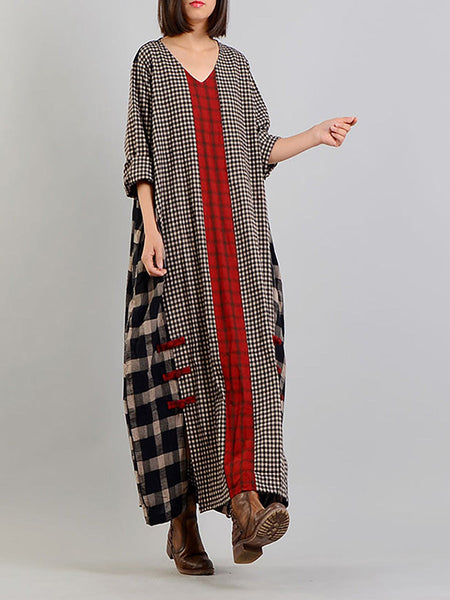 Plus Size Different Colored Plaid Retro Cotton Linen Dress AA1054 Ada Fashion
