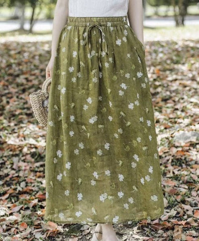 DIY Green Print Wrinkled Elastic Waist Linen Skirt Spring GEM569 Ada Fashion