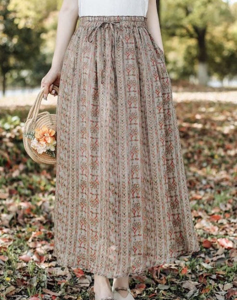 DIY Green Print Wrinkled Elastic Waist Linen Skirt Spring GEM569 Ada Fashion