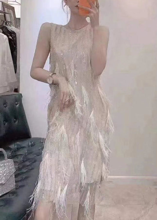 Dinner Beige O-Neck Tassel Lace Maxi Dresses Summer UU1041 SH-LF-SDL240526