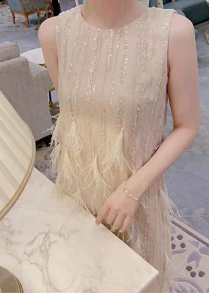 Dinner Beige O-Neck Tassel Lace Maxi Dresses Summer UU1041 SH-LF-SDL240526