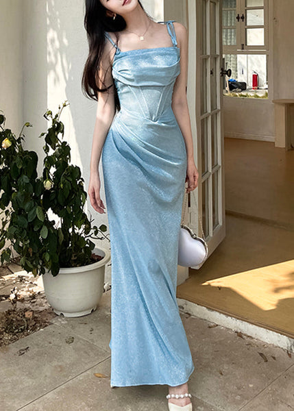 Dinner Blue Wrinkled Original Design Spaghetti Strap Dress Sleeveless YT027 ABC