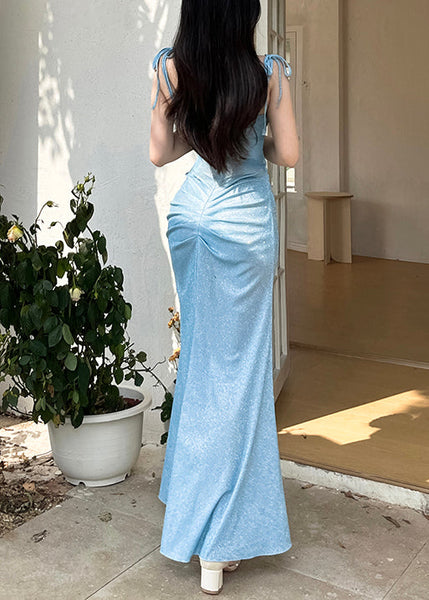 Dinner Blue Wrinkled Original Design Spaghetti Strap Dress Sleeveless YT027 ABC