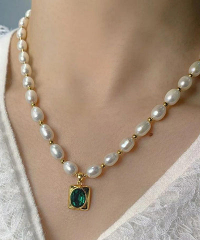 Dinner Pearl Necklace Copper White Overgild Pendant Diamond FashionChic